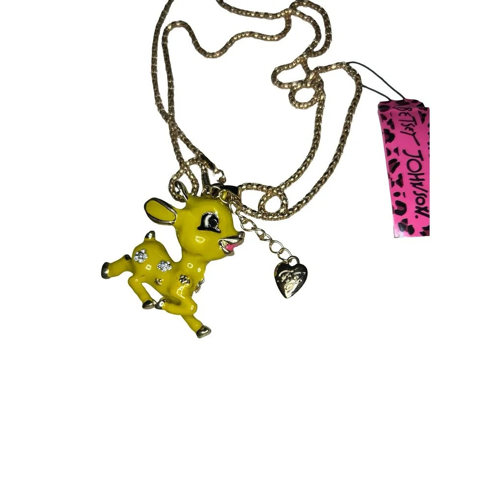 Betsey Johnson Yellow Enamel Deer Fawn Crystal Flower Pendant Necklace Gold Tone